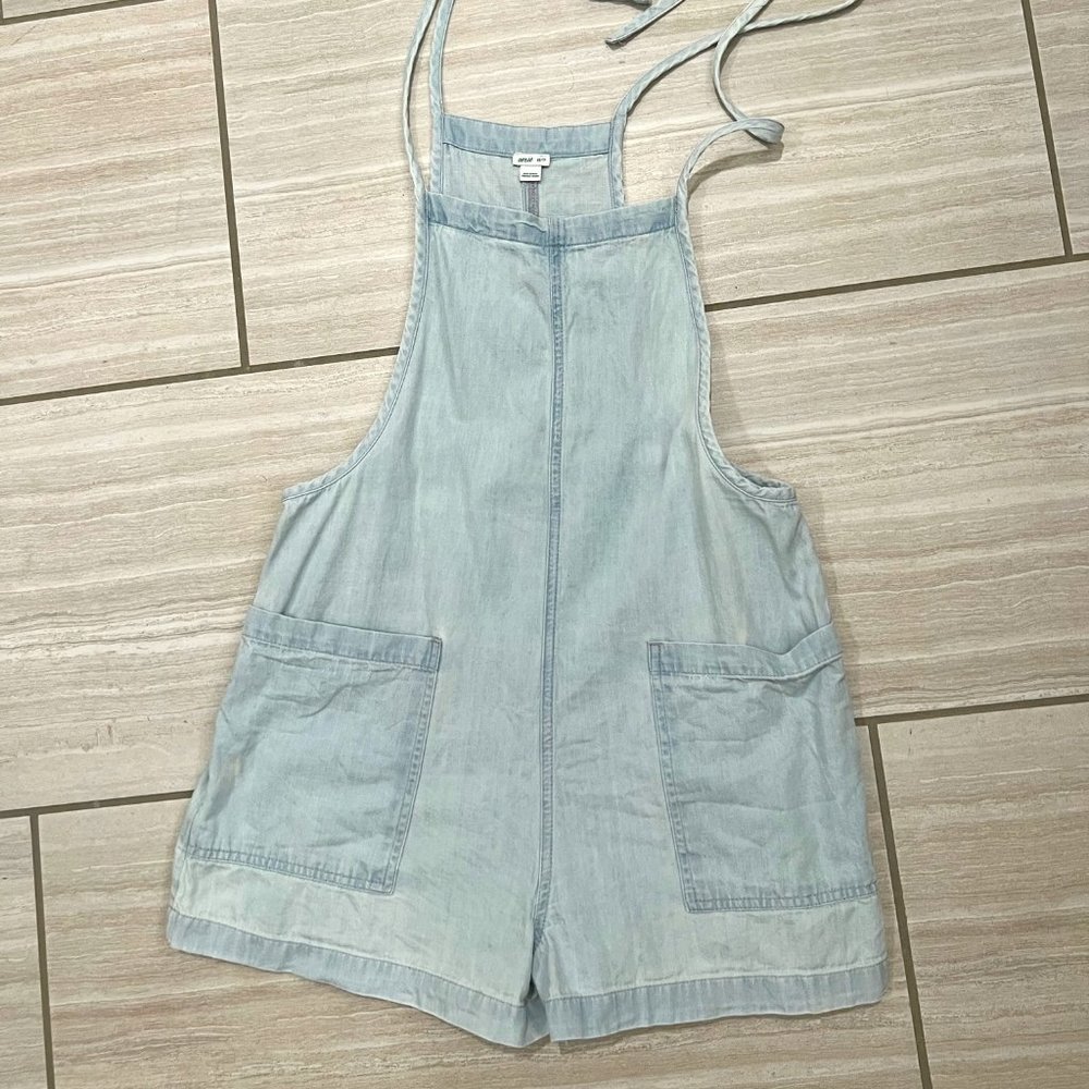 AERIE Front Pocket Chambray Bib Short Overalls